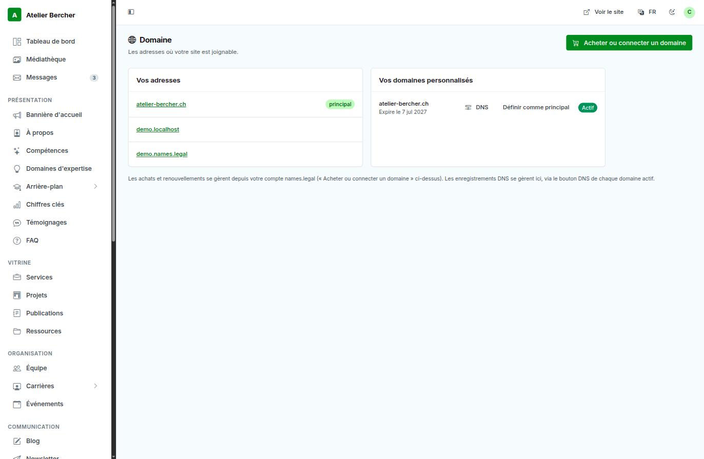 The Domain screen: your addresses on the left, your custom domains with their expiry on the right.